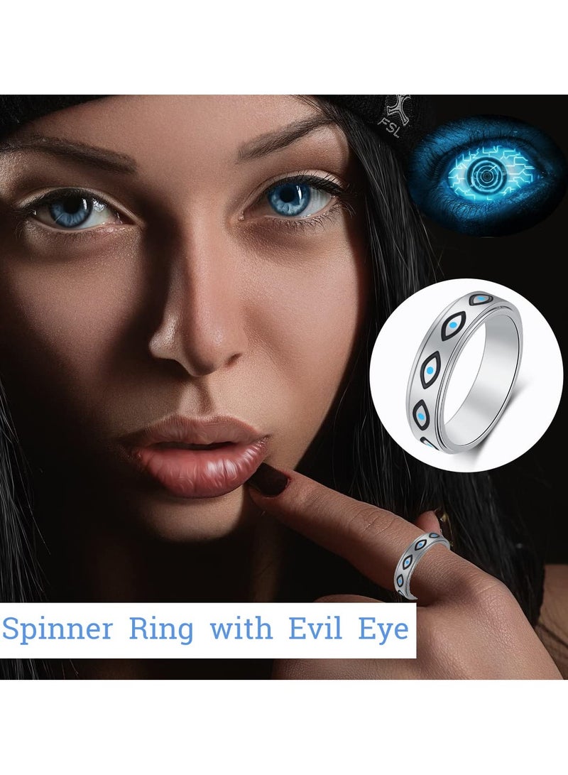 SYOSI Anxiety Ring for Women, Spinner Ring, Titanium Stainless Steel Fidget Ring, Men 6mm Width With Blue Evil Eye Pattern, Spinner Ring for Anxiety Relief Fidget, Spinning Outer Band (Size:9) - Image 3