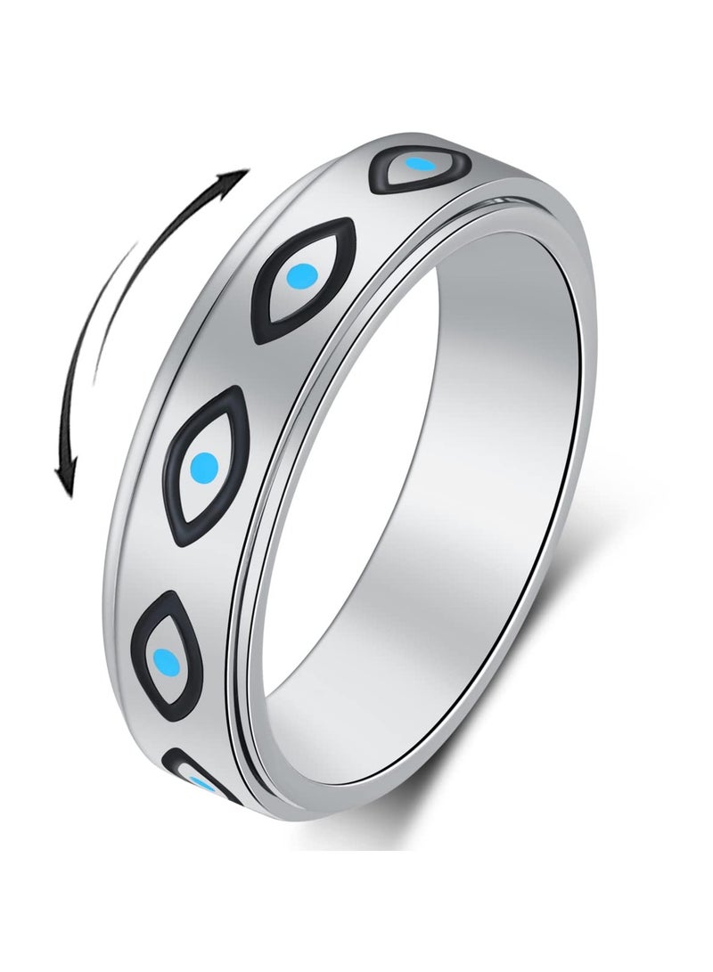 SYOSI Anxiety Ring for Women, Spinner Ring, Titanium Stainless Steel Fidget Ring, Men 6mm Width With Blue Evil Eye Pattern, Spinner Ring for Anxiety Relief Fidget, Spinning Outer Band (Size:9) - Image 1