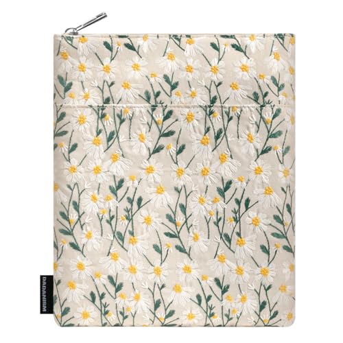 Dadanism Daisy Embroidered Book Sleeve with Zipper, Book Protector Pouch Books Lovers Gifts Bookish Gifts B-OOK Cover with Front Pocket for Hardcover Paperback, for Reader Teacher, Beige - Image 1