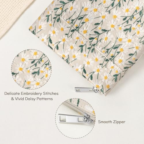 Dadanism Daisy Embroidered Book Sleeve with Zipper, Book Protector Pouch Books Lovers Gifts Bookish Gifts B-OOK Cover with Front Pocket for Hardcover Paperback, for Reader Teacher, Beige - Image 5