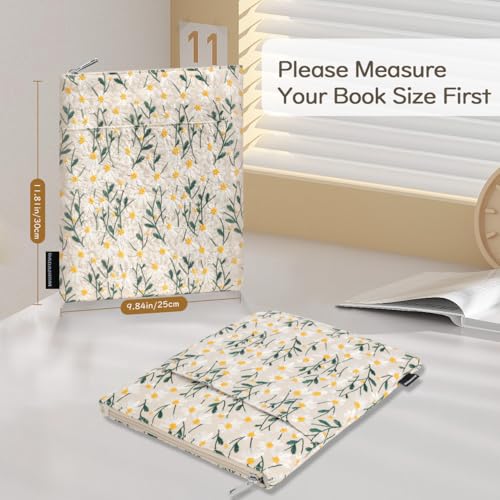 Dadanism Daisy Embroidered Book Sleeve with Zipper, Book Protector Pouch Books Lovers Gifts Bookish Gifts B-OOK Cover with Front Pocket for Hardcover Paperback, for Reader Teacher, Beige - Image 2