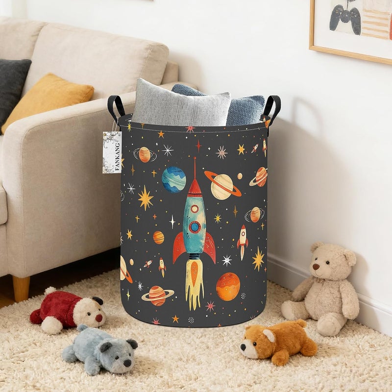 FANKANG Storage Basket, Nursery Hamper Canvas Laundry Basket Foldable with Waterproof PE Coating Large Storage Baskets for Kids Boys and Girls, Office, Bedroom, Clothes,Toys(Space rocket) - Image 5