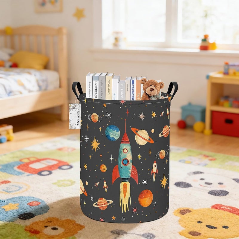 FANKANG Storage Basket, Nursery Hamper Canvas Laundry Basket Foldable with Waterproof PE Coating Large Storage Baskets for Kids Boys and Girls, Office, Bedroom, Clothes,Toys(Space rocket) - Image 3