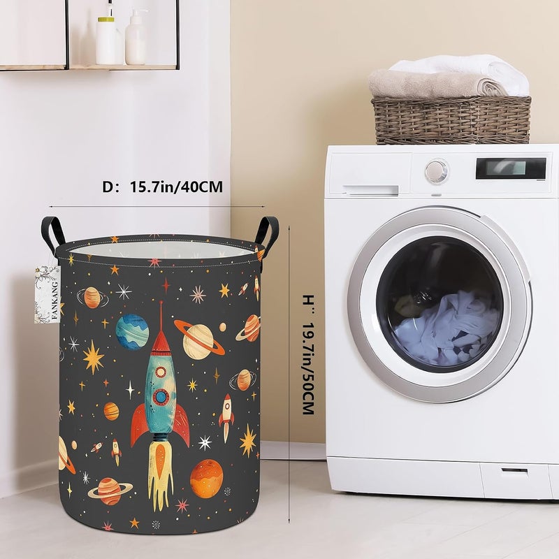 FANKANG Storage Basket, Nursery Hamper Canvas Laundry Basket Foldable with Waterproof PE Coating Large Storage Baskets for Kids Boys and Girls, Office, Bedroom, Clothes,Toys(Space rocket) - Image 2