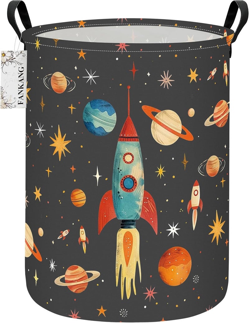 FANKANG Storage Basket, Nursery Hamper Canvas Laundry Basket Foldable with Waterproof PE Coating Large Storage Baskets for Kids Boys and Girls, Office, Bedroom, Clothes,Toys(Space rocket) - Image 1