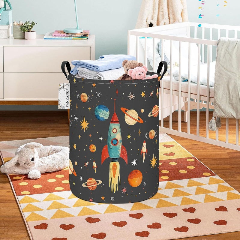 FANKANG Storage Basket, Nursery Hamper Canvas Laundry Basket Foldable with Waterproof PE Coating Large Storage Baskets for Kids Boys and Girls, Office, Bedroom, Clothes,Toys(Space rocket) - Image 4