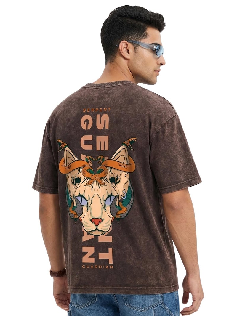 Veirdo® Men's Graphic Print Oversized Fit Half Sleeve Round Neck Cotton Acid Wash T-Shirt in Brown Colors with Sizes L - Image 1