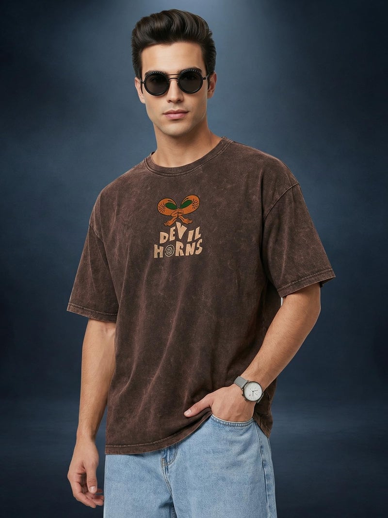 Veirdo® Men's Graphic Print Oversized Fit Half Sleeve Round Neck Cotton Acid Wash T-Shirt in Brown Colors with Sizes L - Image 3