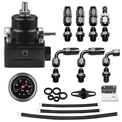 Plobeda EFI Fuel Pressure Regulator Kit with Bypass Return 0-100psi Pressure Gauge AN6-6AN Fuel Line Hose Fitting Connectors Kit Adjustable Universal Aluminum (black) - Image 2