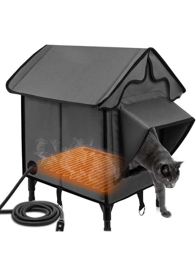 NewGet Heated Cat House for Outside, Winter Insulated Cats House with Heated Pad, Waterproof Weatherproof Cat Shelter for Outdoor Indoor Cats, Cozy Elevated Feral Cat House Bed Gray 21x19.4x16.5 in - Image 1
