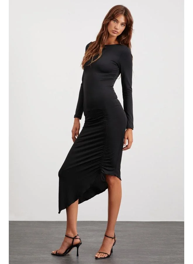 Ethiquet Claudia Women's Drape Semi-Gloss Flexible Fabric Asymmetric Long Sleeve Maxi Black Dress.