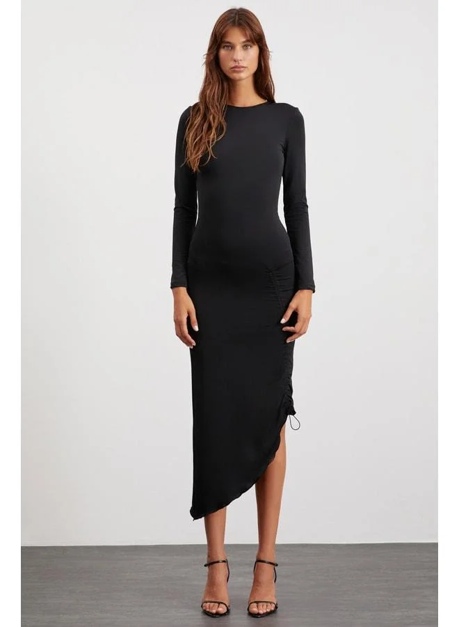 Ethiquet Claudia Women's Drape Semi-Gloss Flexible Fabric Asymmetric Long Sleeve Maxi Black Dress.