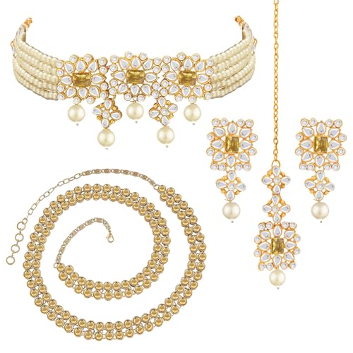 Peora Combo of Pearl Beaded Choker Necklace Set with Kundan Waist Belt Kamar Bandh Gift for Women - Image 1