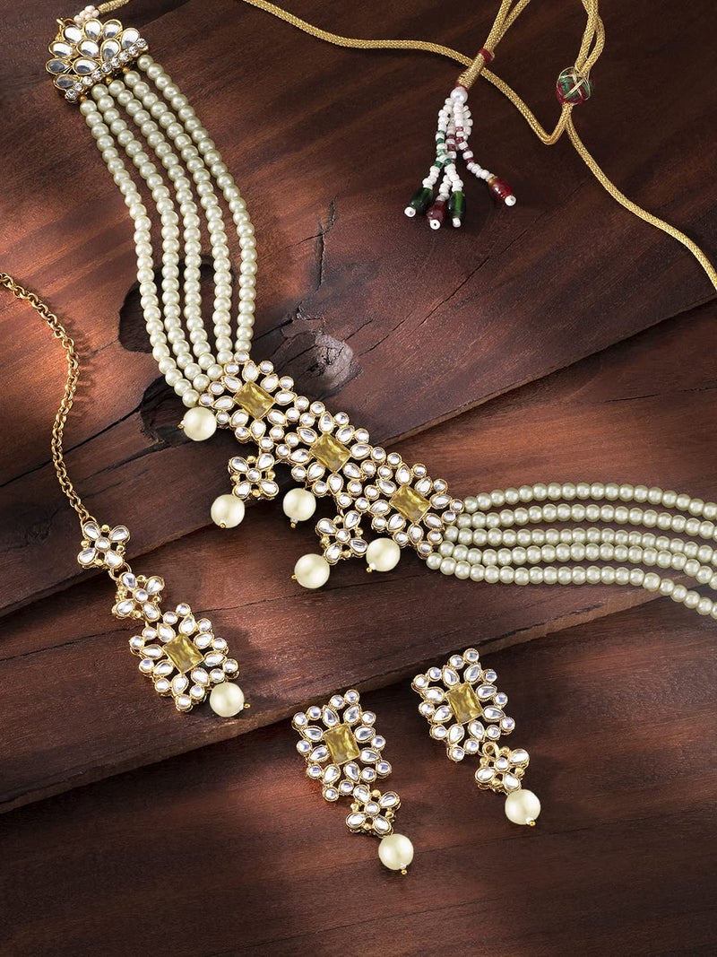 Peora Combo of Pearl Beaded Choker Necklace Set with Kundan Waist Belt Kamar Bandh Gift for Women - Image 3