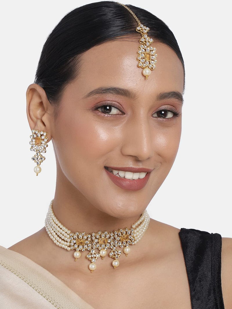 Peora Combo of Pearl Beaded Choker Necklace Set with Kundan Waist Belt Kamar Bandh Gift for Women - Image 2