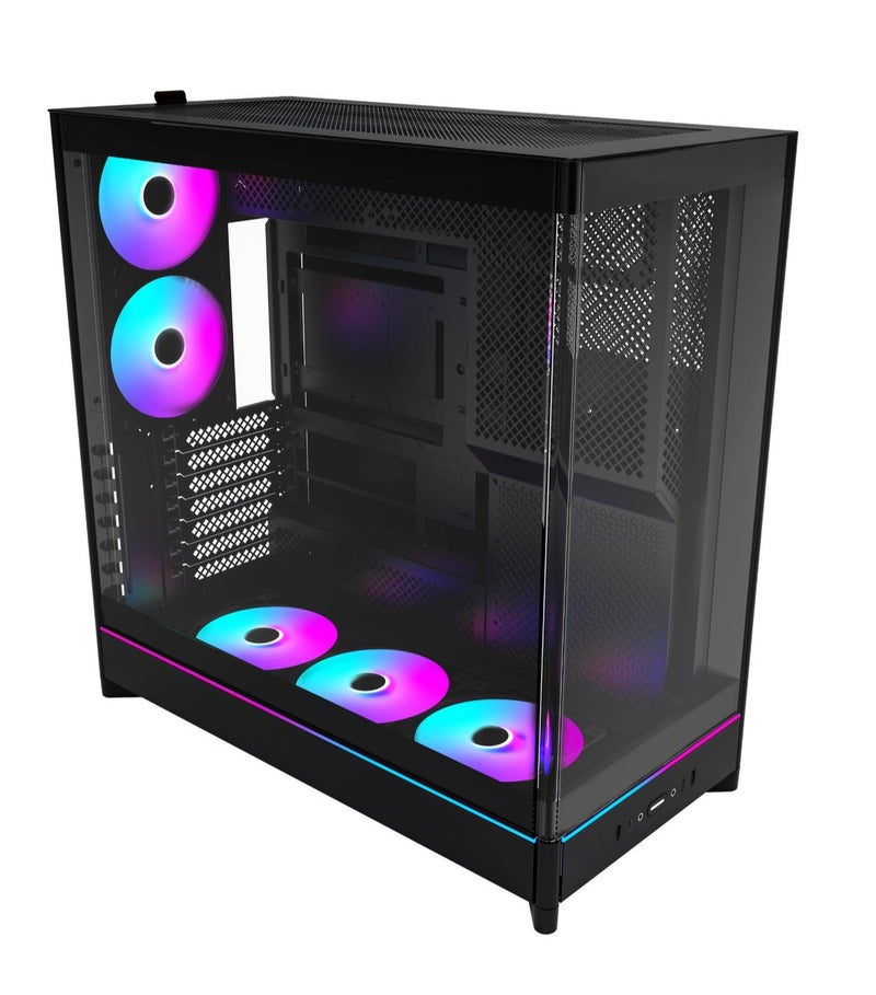مونتك صندوق حاسوب HS02 PRO ATX (فئة Mid-Tower)، مزود بـ 5 مراوح ARGB مقاس 120 مم، ولوحة جانبية بانورامية من الزجاج المقسى، ودعم لبطاقات الرسوميات (GPU) حتى 420 مم ومبردات سائلة (Radiator) حتى 360 مم، ومنفذ USB-C، ودعم لوحات الأم ATX/M-ATX/Mini-ITX، باللون الأسود. - Image 1