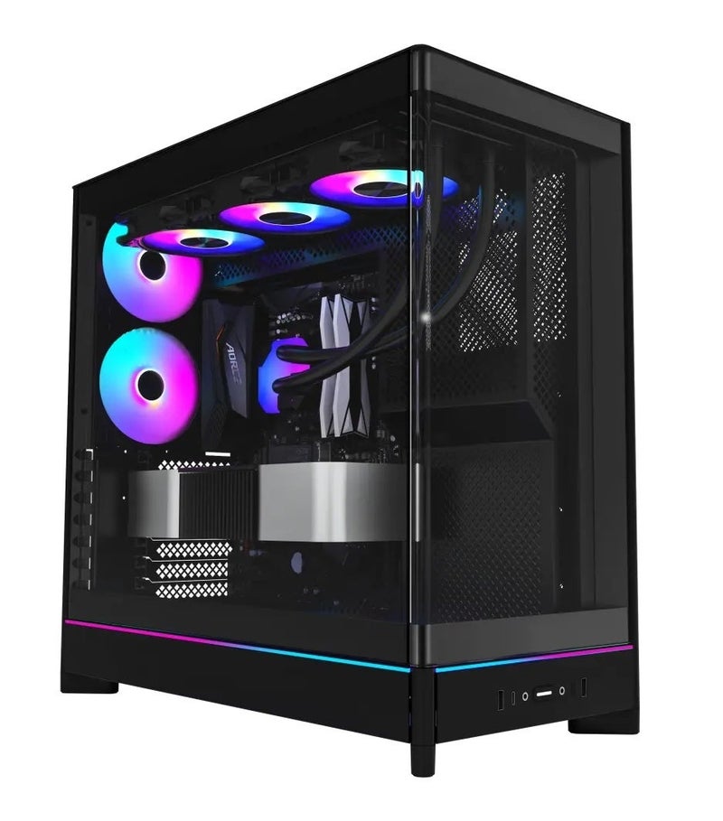 مونتك صندوق حاسوب HS02 PRO ATX (فئة Mid-Tower)، مزود بـ 5 مراوح ARGB مقاس 120 مم، ولوحة جانبية بانورامية من الزجاج المقسى، ودعم لبطاقات الرسوميات (GPU) حتى 420 مم ومبردات سائلة (Radiator) حتى 360 مم، ومنفذ USB-C، ودعم لوحات الأم ATX/M-ATX/Mini-ITX، باللون الأسود. - Image 2