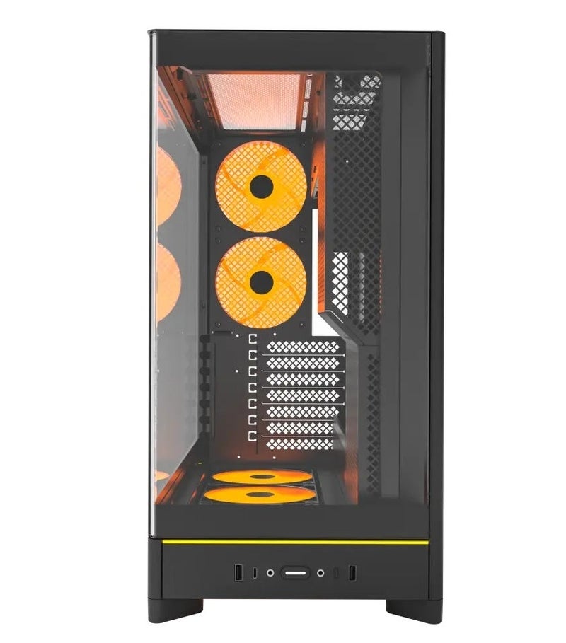 مونتك صندوق حاسوب HS02 PRO ATX (فئة Mid-Tower)، مزود بـ 5 مراوح ARGB مقاس 120 مم، ولوحة جانبية بانورامية من الزجاج المقسى، ودعم لبطاقات الرسوميات (GPU) حتى 420 مم ومبردات سائلة (Radiator) حتى 360 مم، ومنفذ USB-C، ودعم لوحات الأم ATX/M-ATX/Mini-ITX، باللون الأسود. - Image 3
