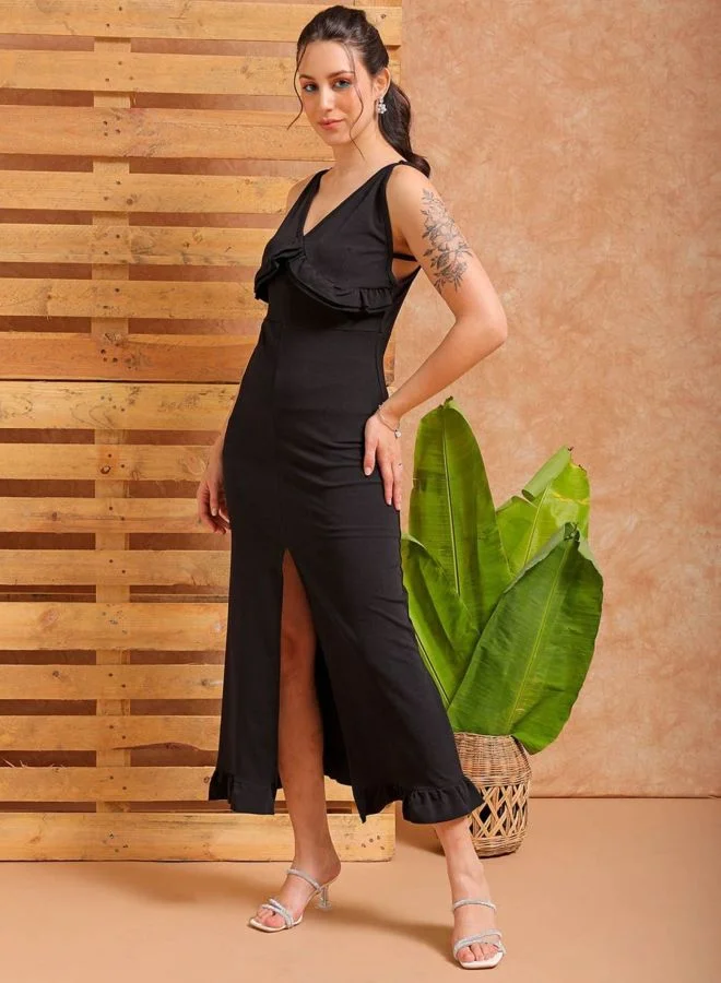 Freehand  Women Regular Fit Solid V-Neck Sleeveless Ruffle Dress for Women | Best Price UAE