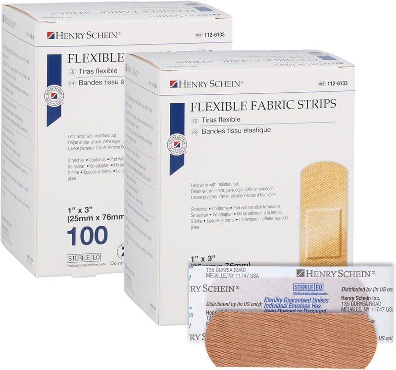 Henry Schein Sterile Adhesive Fabric Bandages 1 x 3  Box of 200 Flexible Breathable Strips  Soft Stretchable Wound Covers for First Aid Medical Use Clinics  Emergency Kits - Image 1