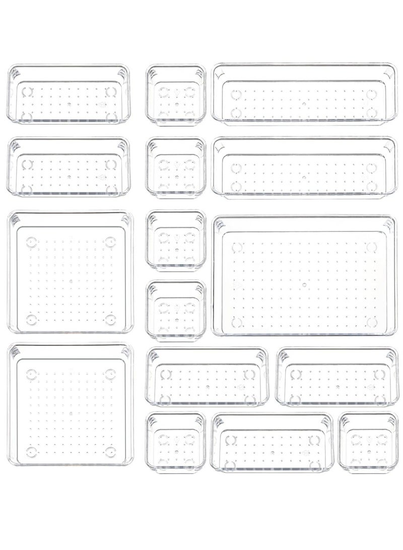 XiuWoo 16 Pcs Desk Drawer Organizers Set, Clear Plastic Kitchen Drawer Storage Tray Divider, Multifunctional Trays Organizer for Cosmetics, Bathroom, Kitchen and Office - Image 1