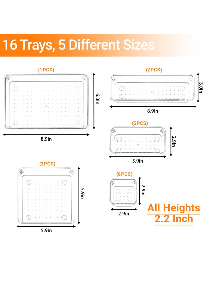 XiuWoo 16 Pcs Desk Drawer Organizers Set, Clear Plastic Kitchen Drawer Storage Tray Divider, Multifunctional Trays Organizer for Cosmetics, Bathroom, Kitchen and Office - Image 2