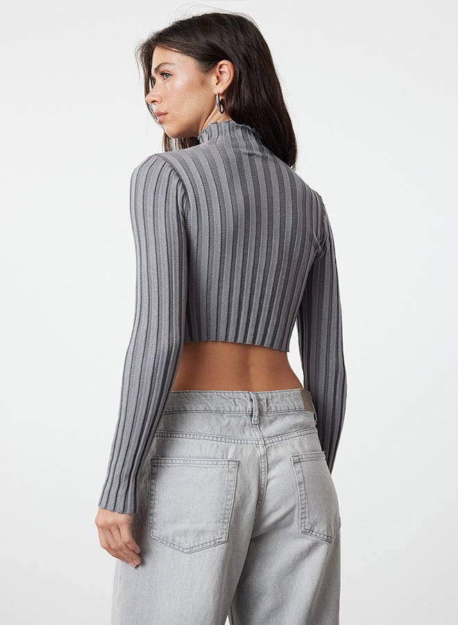 trendyol Anthracite Super Crop Stand Collar Knitwear Sweater TWOAW24KZ00264 - Image 5