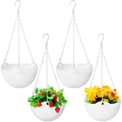 Bvrbaory 4 Pack 8 inch White Hanging Planters,Self-Watering Indoor Outdoor Plant Pots,Round Hanging Basket with Water Tray Metal Chain for Garden,Porch,Wall Decoration - Image 1