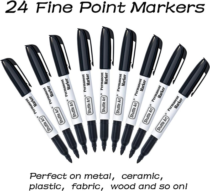 Shuttle Art 24 Black Permanent Markers Fine Tip Markers, Perfect on Plastic, Wood, Stone, Metal and Glass for Doodling, Coloring, Marking, School Supplies - Image 2