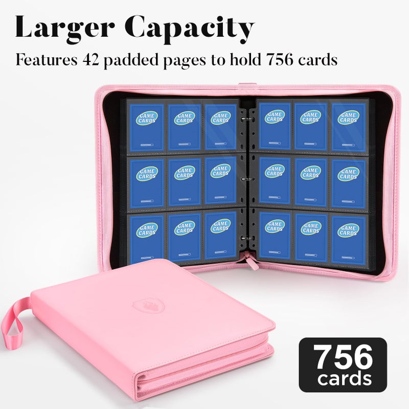 Fabmaker 9 Pocket Card Binder, Premium Trading Card Binder Holds 756 Cards, PU Cover 3 Ring Zipper Card Binder, Portable Baseball Card Binder, Collection Album for Game & Sport Cards, Pink - Image 3