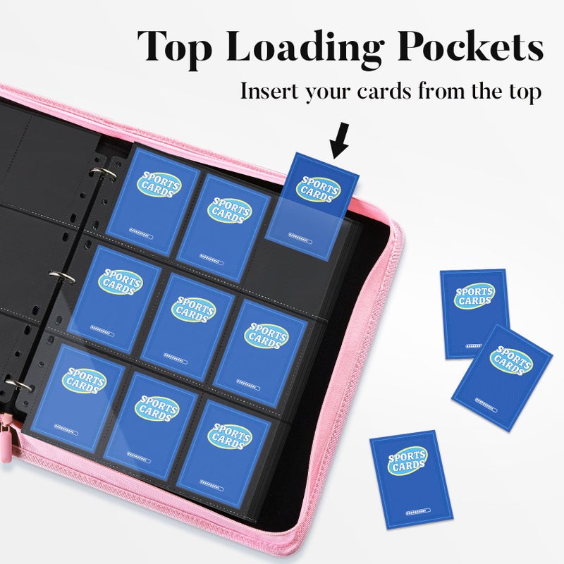 Fabmaker 9 Pocket Card Binder, Premium Trading Card Binder Holds 756 Cards, PU Cover 3 Ring Zipper Card Binder, Portable Baseball Card Binder, Collection Album for Game & Sport Cards, Pink - Image 4