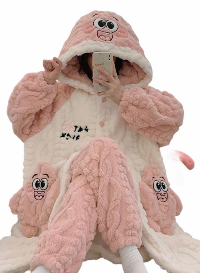 KUYING Velvet and Thickened Nightgown Cute Cartoon Home Fur Set