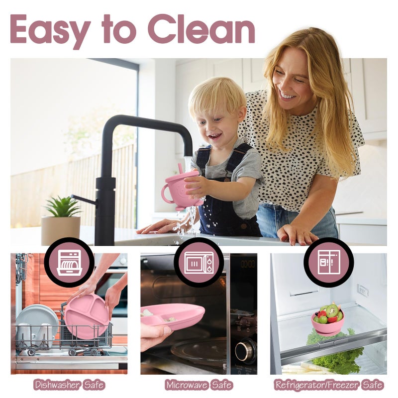 Catvegue Baby Led Weaning Supplies, 8 Piece BPA-Free Silicone Feeding Set, Silicone Suction Bowl, Forks & Spoons, Bib & Cup, Develops Self Feeding Skills, Dishwasher Safe, for 6+ Months (Pink) - Image 5