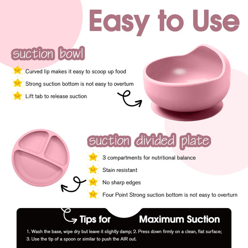 Catvegue Baby Led Weaning Supplies, 8 Piece BPA-Free Silicone Feeding Set, Silicone Suction Bowl, Forks & Spoons, Bib & Cup, Develops Self Feeding Skills, Dishwasher Safe, for 6+ Months (Pink) - Image 4