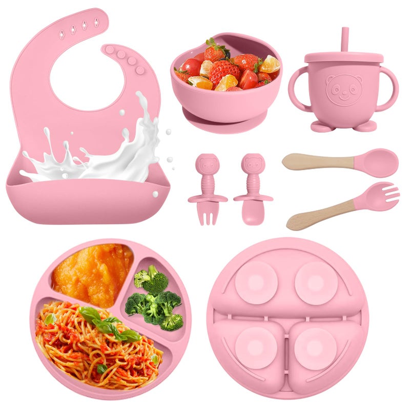 Catvegue Baby Led Weaning Supplies, 8 Piece BPA-Free Silicone Feeding Set, Silicone Suction Bowl, Forks & Spoons, Bib & Cup, Develops Self Feeding Skills, Dishwasher Safe, for 6+ Months (Pink) - Image 1