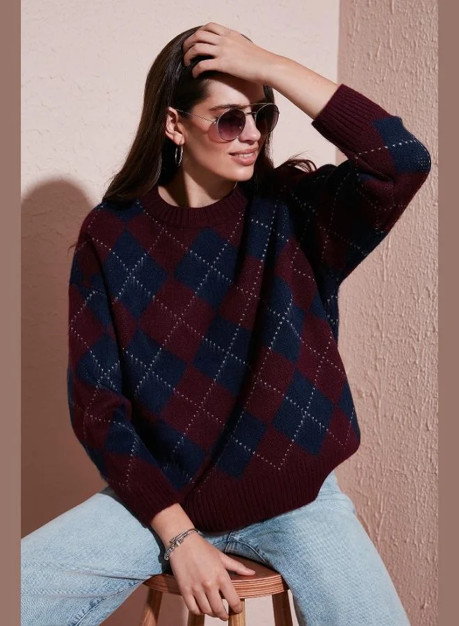 Lela Lela Oversize Fit Crew Neck Diamond Patterned Sweater Women's SWEATER 4615579