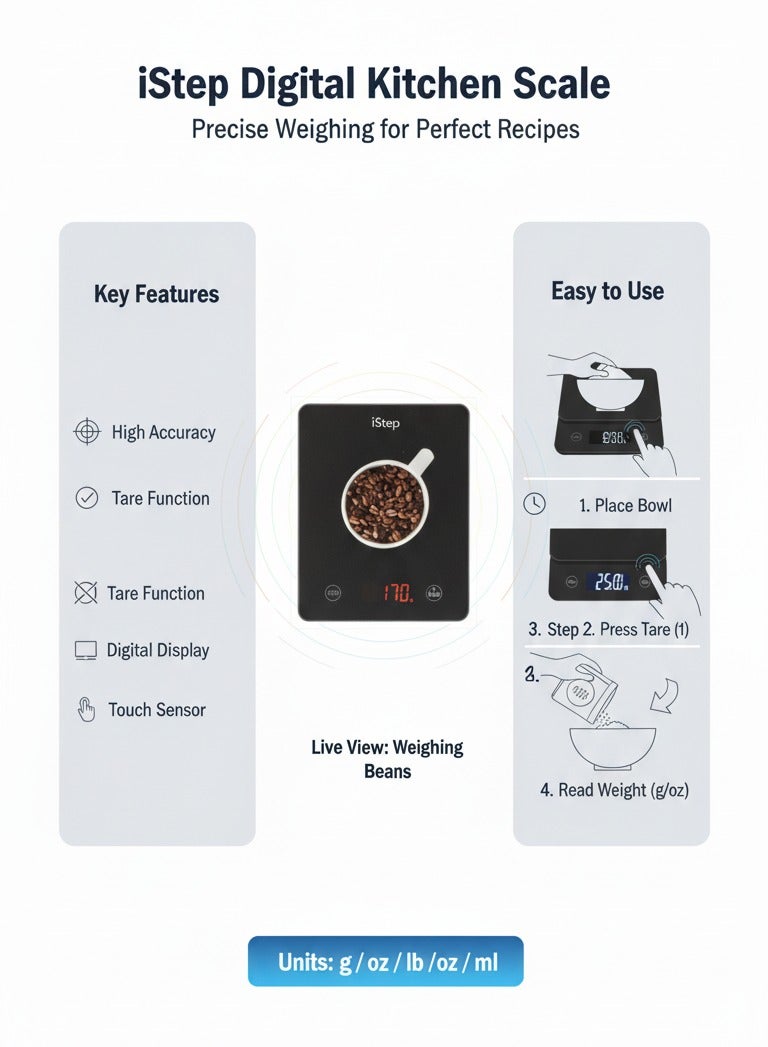 اي ستيب ميزان مطبخ وقهوة إلكتروني رقمي- تصميم فائق النحافة مع منصة زجاجية مقواة وتنبيهات ذكية - Image 5