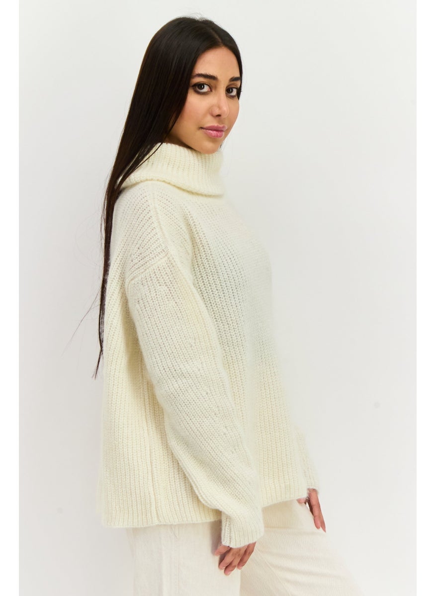 BOSS Women High Neck Knitted Long Sleeves Sweater, Off White  - Image 2
