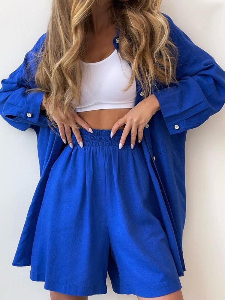 European and American 2024 Spring and Summer New Cotton Fashion Lapel Button Pocket Long Sleeve Shirt Loose Wide Leg Shorts Two-piece Set Red - Image 2
