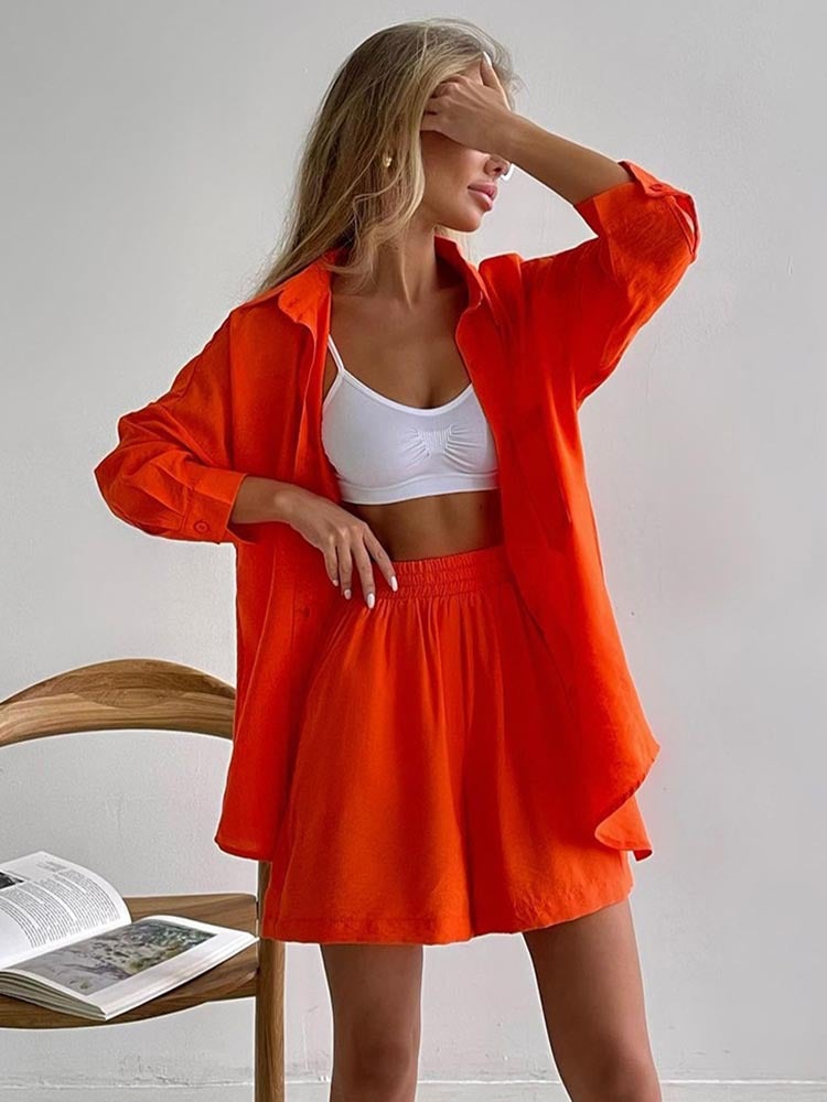 European and American 2024 Spring and Summer New Cotton Fashion Lapel Button Pocket Long Sleeve Shirt Loose Wide Leg Shorts Two-piece Set Red - Image 1