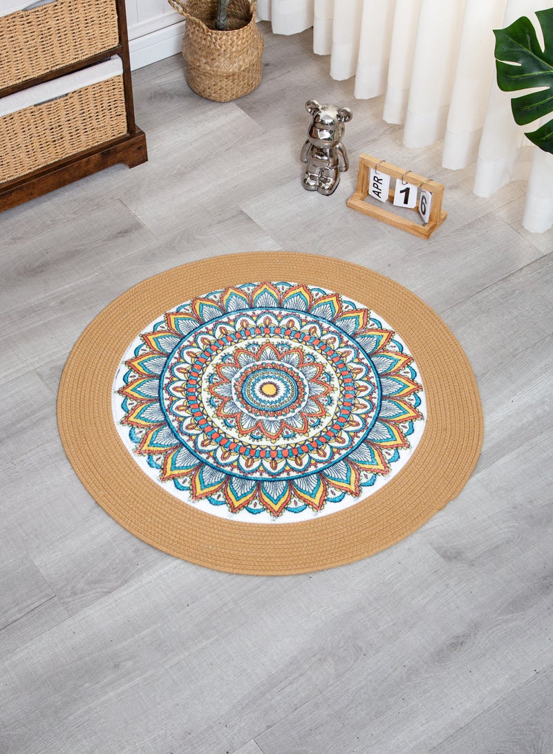 XICEN Cotton Rope Woven Area Rug 100cm*100cm, Bohemian Flower Style Hand-Braided Mat for Home Living Room, Bedroom - Image 2