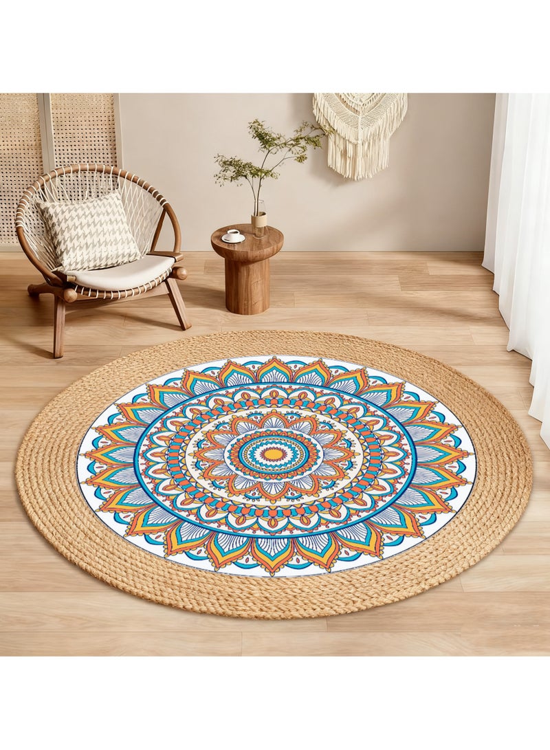 XICEN Cotton Rope Woven Area Rug 100cm*100cm, Bohemian Flower Style Hand-Braided Mat for Home Living Room, Bedroom - Image 1