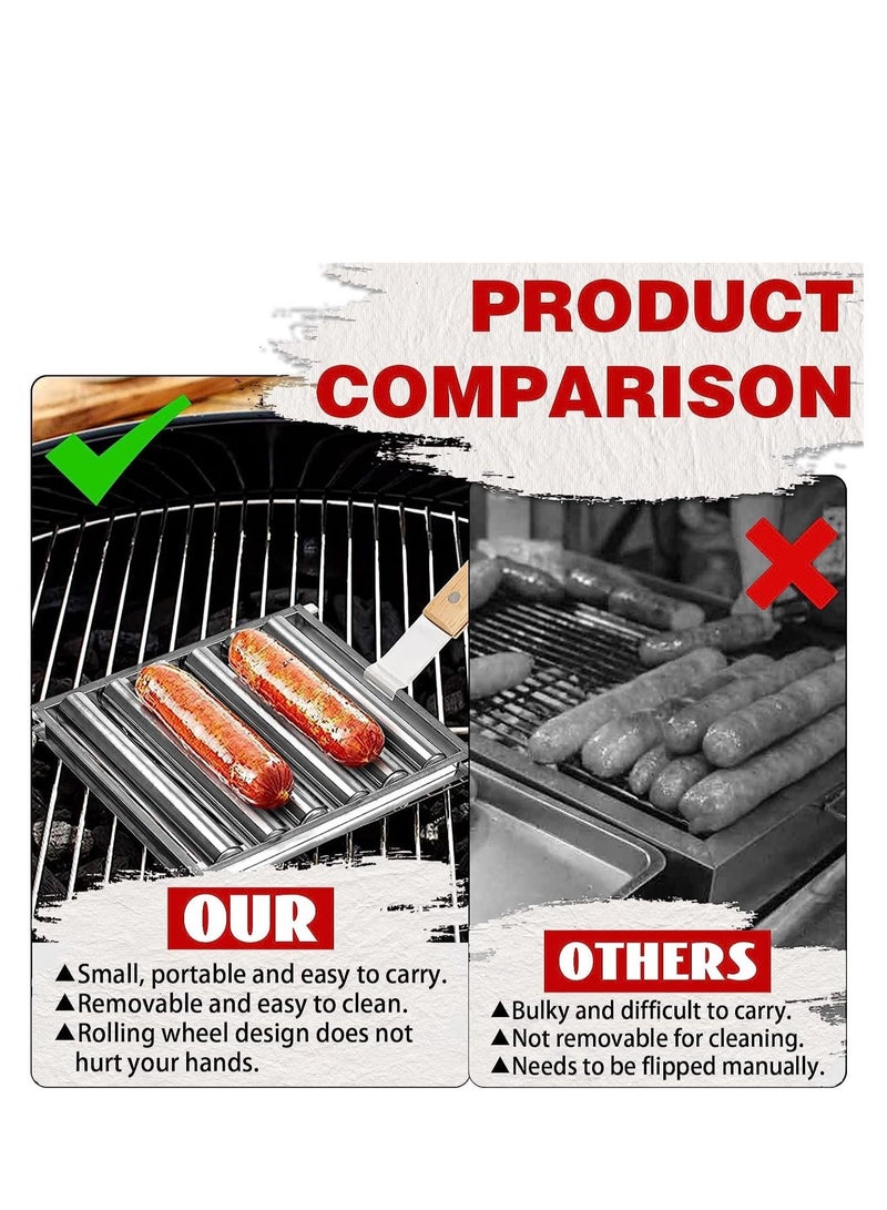 Excefore Barbecue Sausage Roller Grill, Hot Dog Roller, BBQ Hot Dog Griller Rack, Stainless Steel Hot Dog Roller Griller Rack, with Wood Handle Evenly Cooked for Hot Dog Sausages  - Image 5