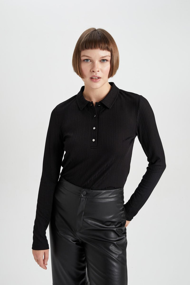 DeFacto Woman Slim Fit Polo Neck Corduroy Long Sleeve T-Shirt - Image 4
