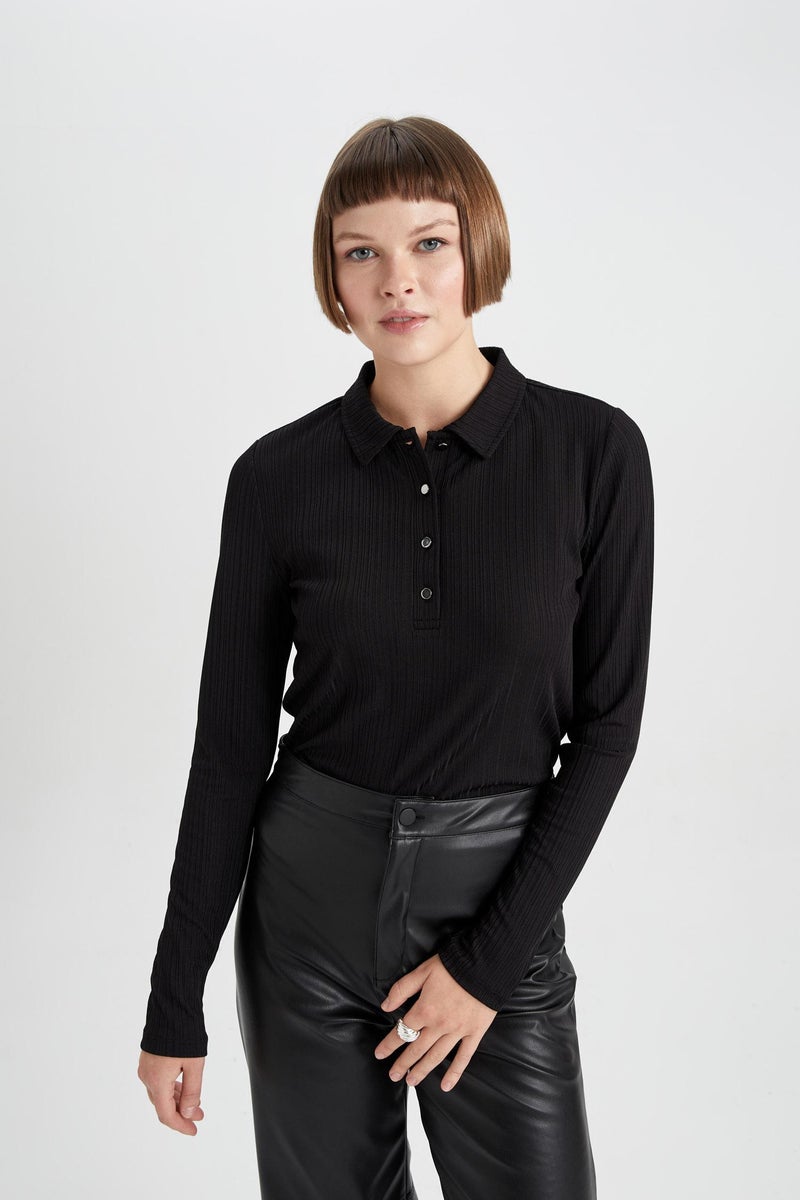 DeFacto Woman Slim Fit Polo Neck Corduroy Long Sleeve T-Shirt - Image 5
