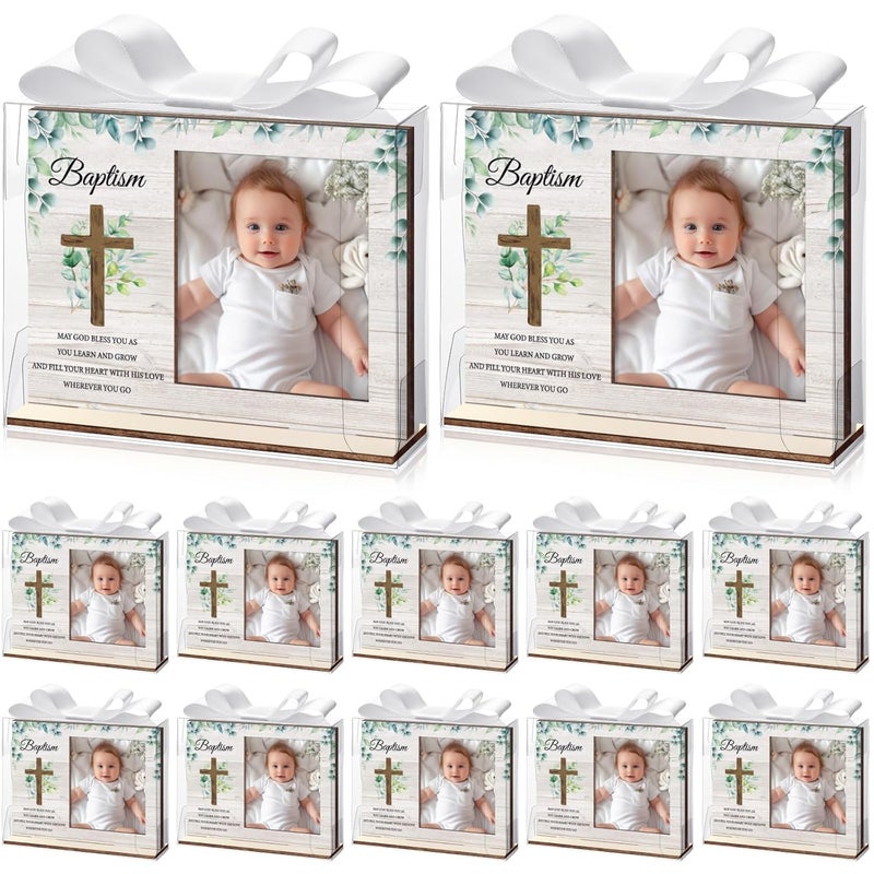 Vercraft 12 مجموعة إطار صور المعمودية هدايا المعمودية الكاثوليكية إطار صور خشبي هدايا حفلة استقبال المولود مع صناديق بلاستيكية شفافة وأقواس من الساتان لتزيين أول تواصل ديني - Image 1