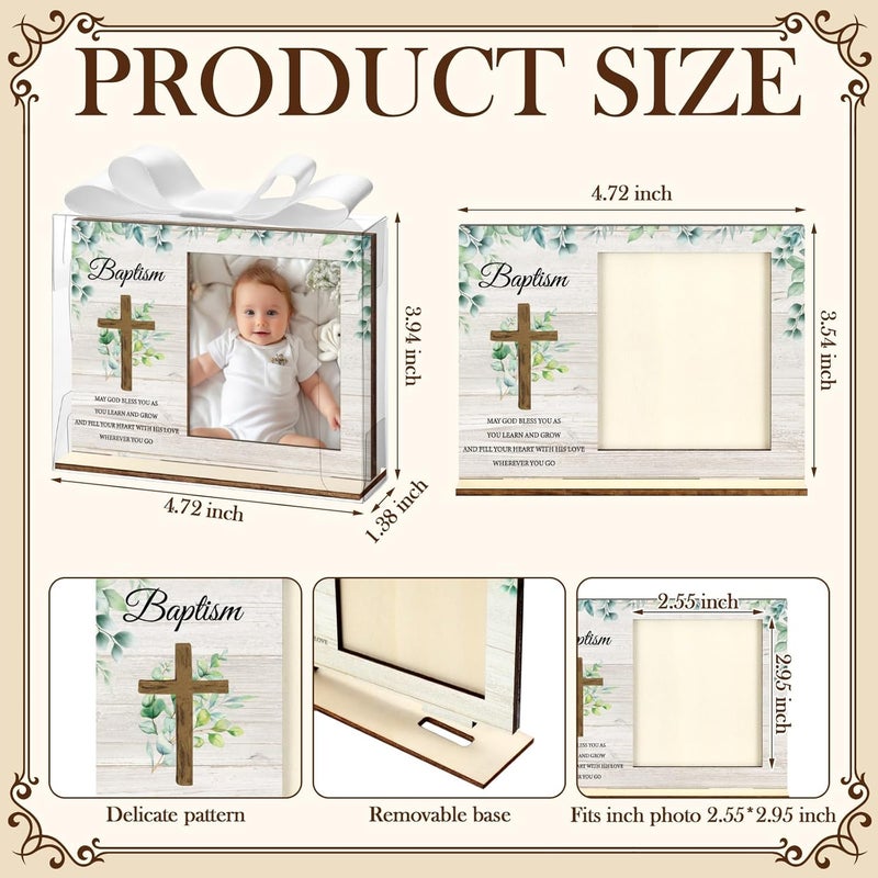 Vercraft 12 مجموعة إطار صور المعمودية هدايا المعمودية الكاثوليكية إطار صور خشبي هدايا حفلة استقبال المولود مع صناديق بلاستيكية شفافة وأقواس من الساتان لتزيين أول تواصل ديني - Image 2