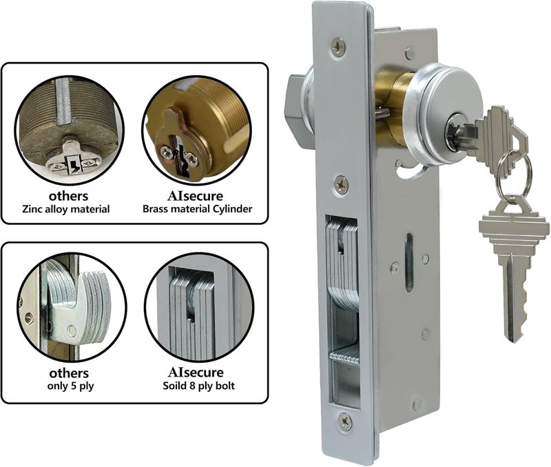 AIsecure Storefront Door Lock Alsecure Commerical Door Mortise Lock for Aluminum Shop Doors 1.1/8 inch Backset Silver - Image 5