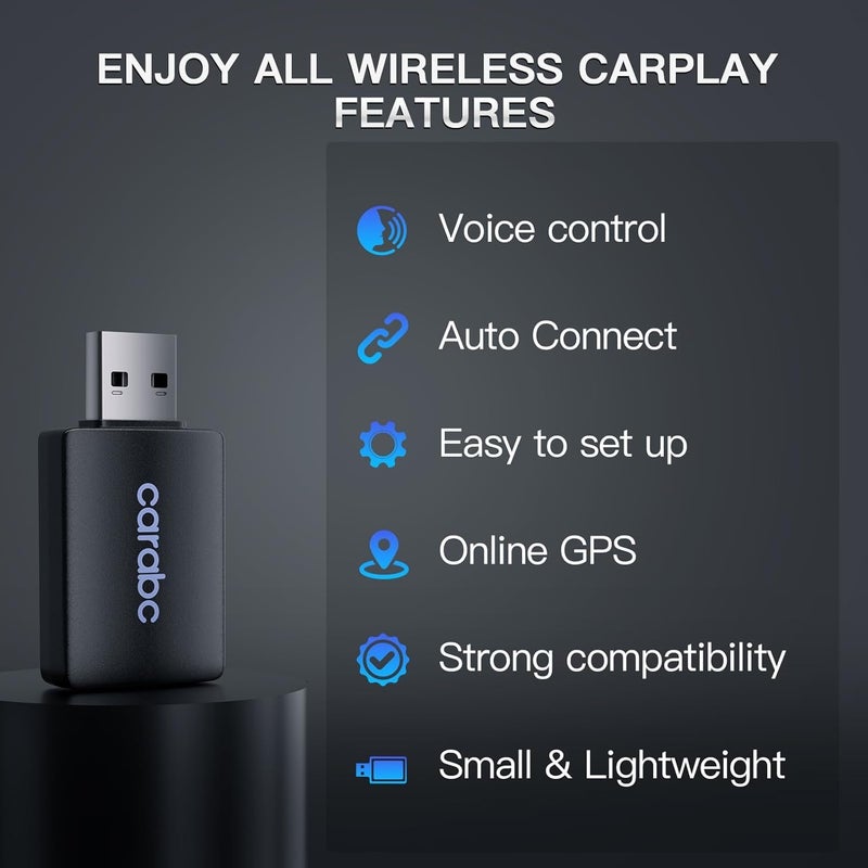 CarABC محول B1 AI اللاسلكي لـ CarPlay تحويل دونجل Carplay السلكي إلى Carplay لاسلكي، توصيل وتشغيل، تحديثات عبر الإنترنت، واي فاي 5GHz بلوتوث للسيارات من 2015 فصاعدًا iOS 10+ أسود (رسومي) - Image 2