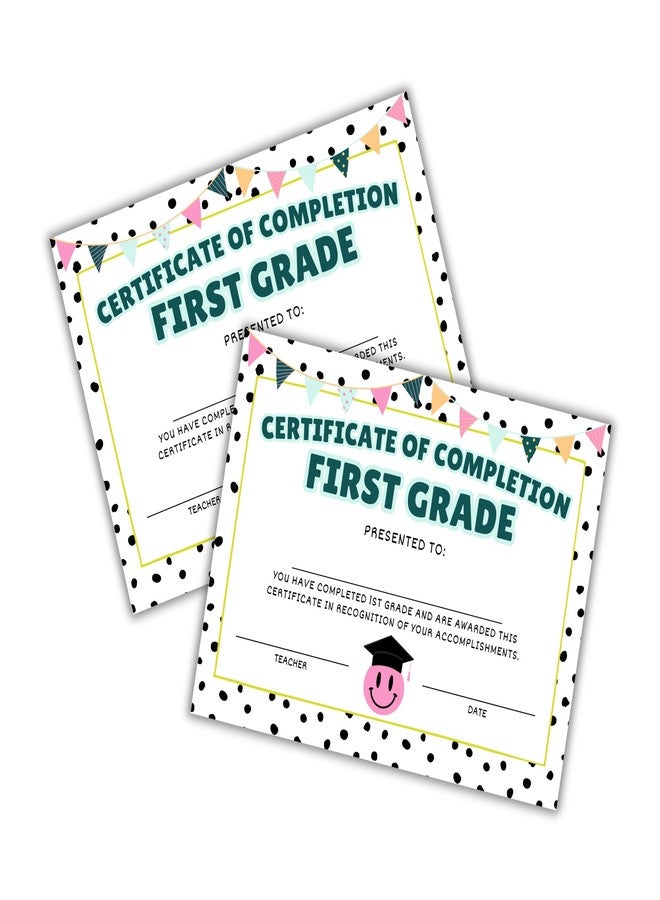 Lashicorn 1st First Grade Certificate of Completion Graduation Diploma 30pk 8.5x11” Smiley Face Daisy 90’s Seed Bracelet Checkered Neutral Award Theme Trendy - Image 1